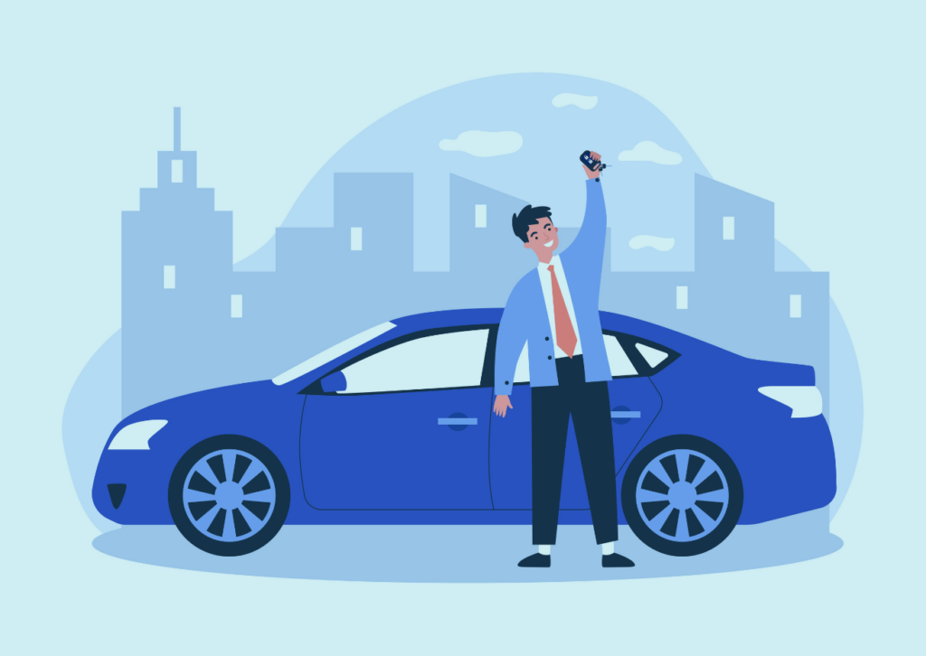 Image of an illustration of a man holding up his car keys standing with his new blue car for Rentsure accident replacement.