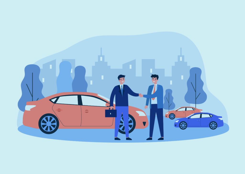 Image of an illustration of two men shaking hands next to a new red car with a red and blue car in the background for Rentsure car leasing.