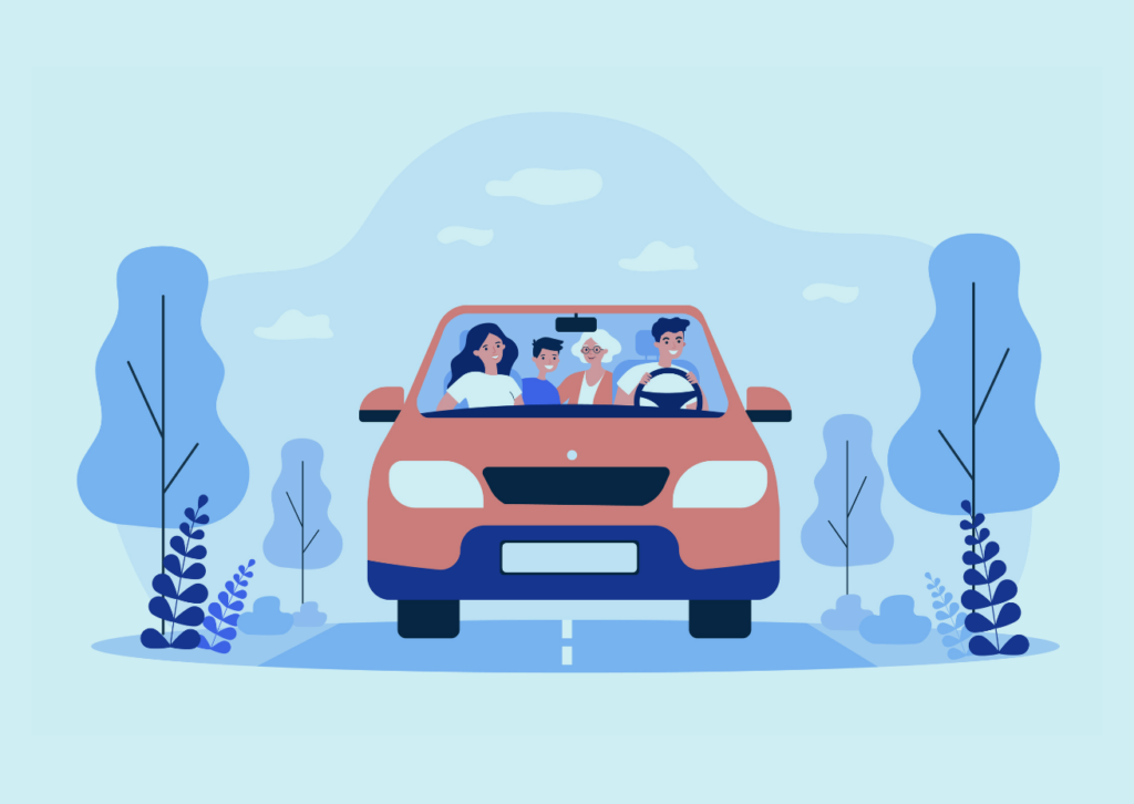Image of an illustration of four people in a red car with trees and mountains in the background for Rentsure car share.