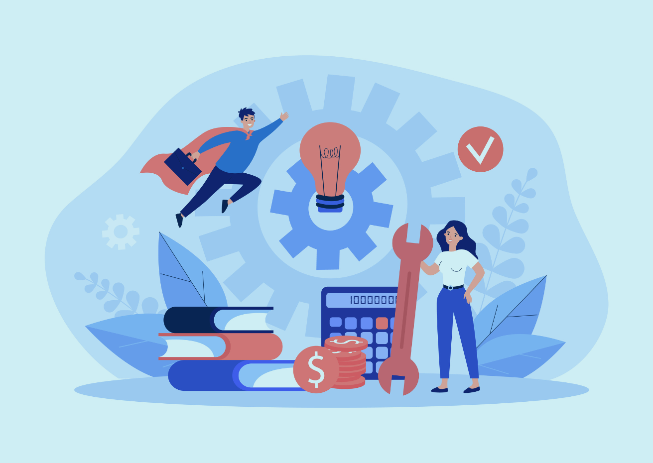 Image of an illustration of a woman holding an oversized spanner and a man flying in a cape with a brief case with cogs, books, a lightbulb and a calculator with coins in the background for Rentsure About Us.