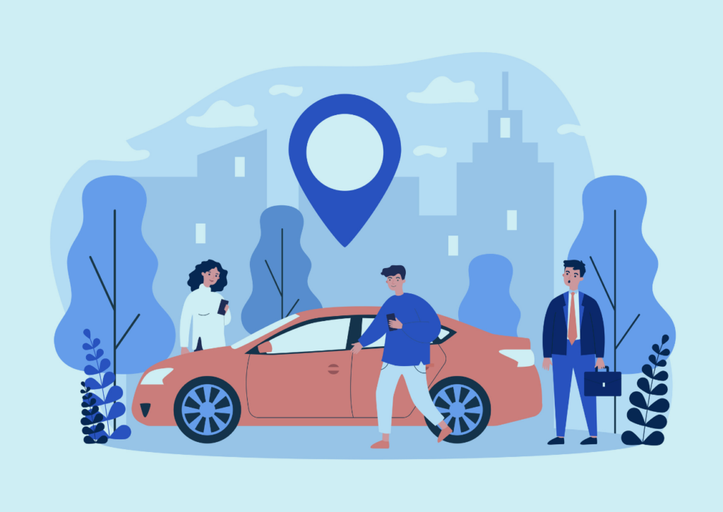 Image of an illustration of three people ride sharing in a red car with trees and office buildings in the background for Rentsure ride share.