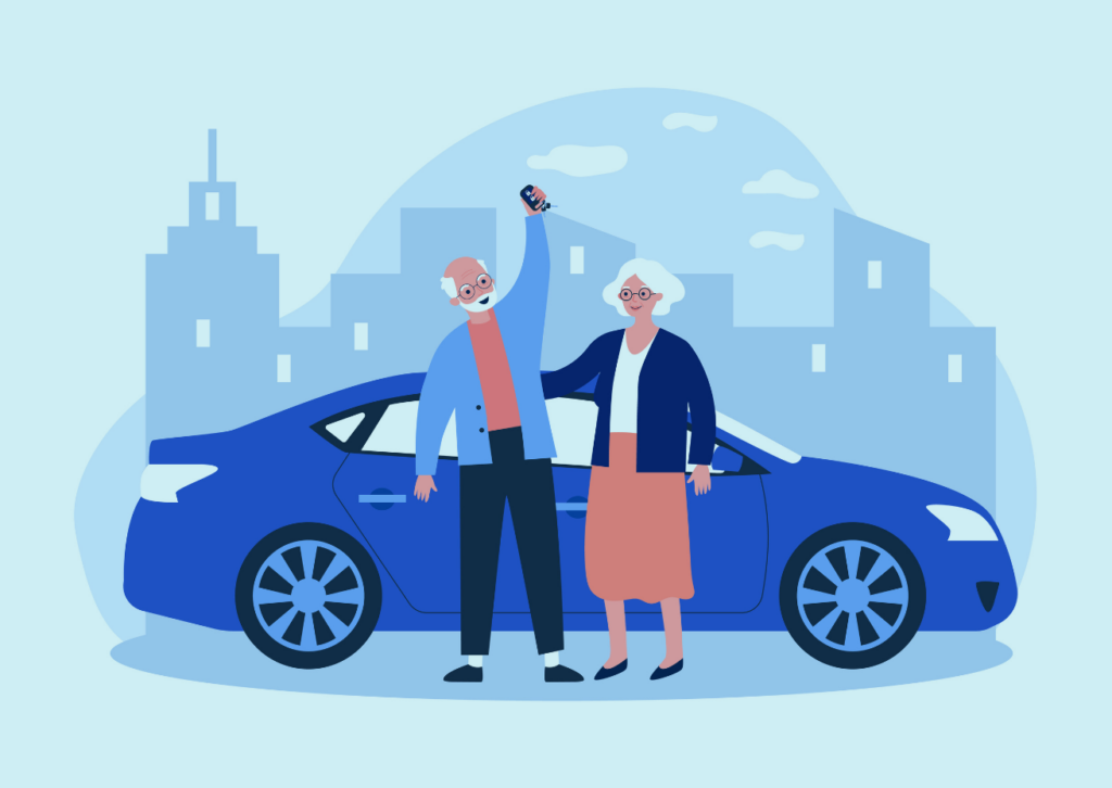 Image of an illustration of a man standing with his partner holding up his car keys next to their blue car for Rentsure self-drive traditional.