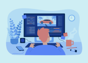 Image of an illustration of a person sitting at a desk working on a computer analysing telematics data for Rentsure telematics integration.