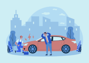 Image of an illustration of a stressed man standing next to a mechanic who is working on his damaged car for Rentsure Under Excess Claims.